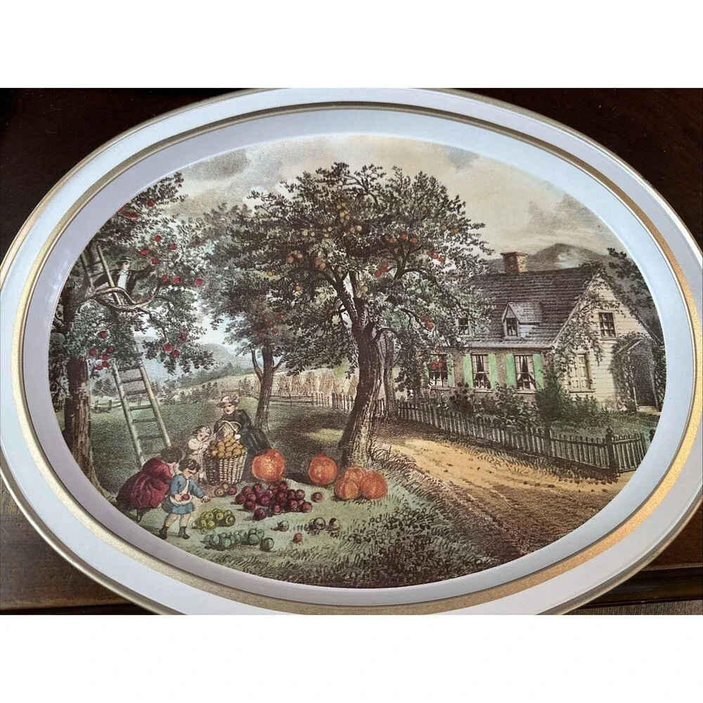 Vintage Currier & Ives Metal 1868 Oval Tray The American Homestead - Autumn
